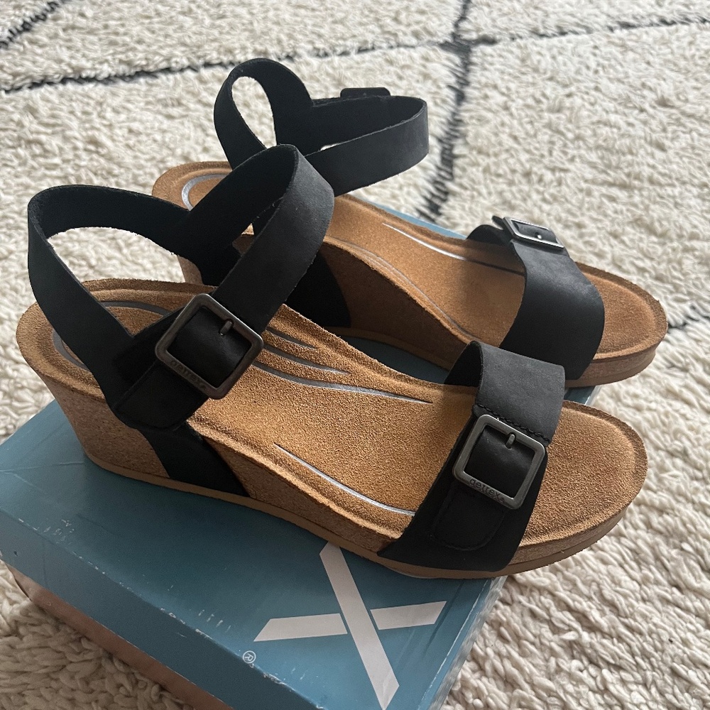 $139 NIB Aetrex Lexa Quarter Strap Wedge sandals black 40 / 9 - 9.5